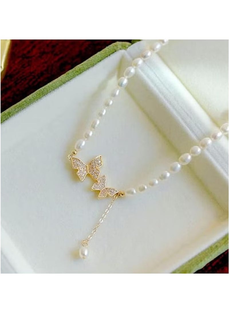 Huitich Pearl Chain Necklace with Crystal Butterfly & Drop Charm – Gold Color Tone - Image 2