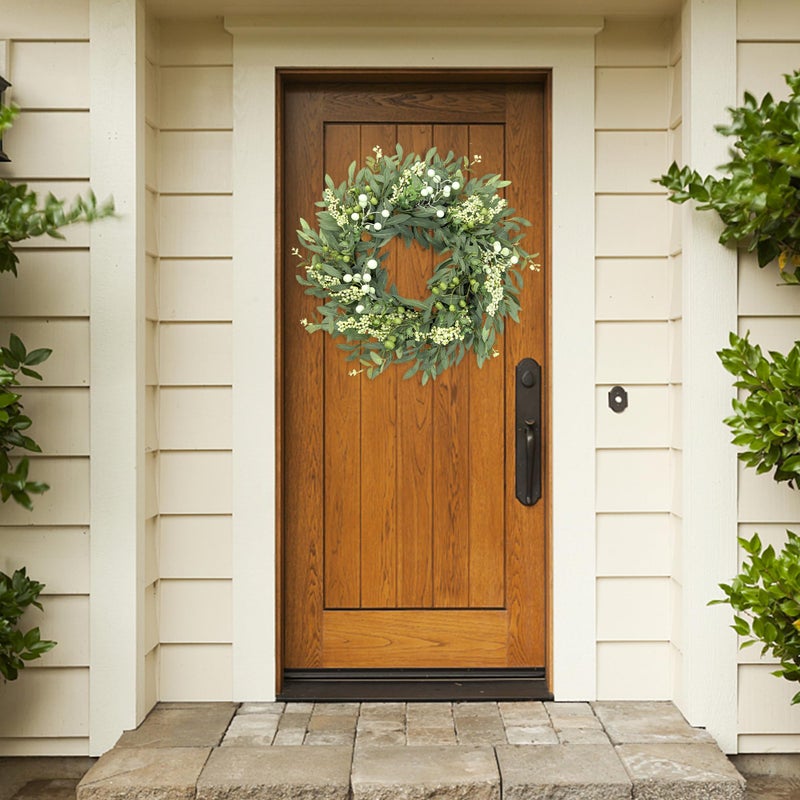 Sggvecsy Artificial Eucalyptus Wreath for Front Door 21 Inch with Greenery Leaves Green White Berries Silk Dollar Leaves for Spring Summer Farmhouse Window Porch Wall Home Indoor Outdoor Decor - Image 5