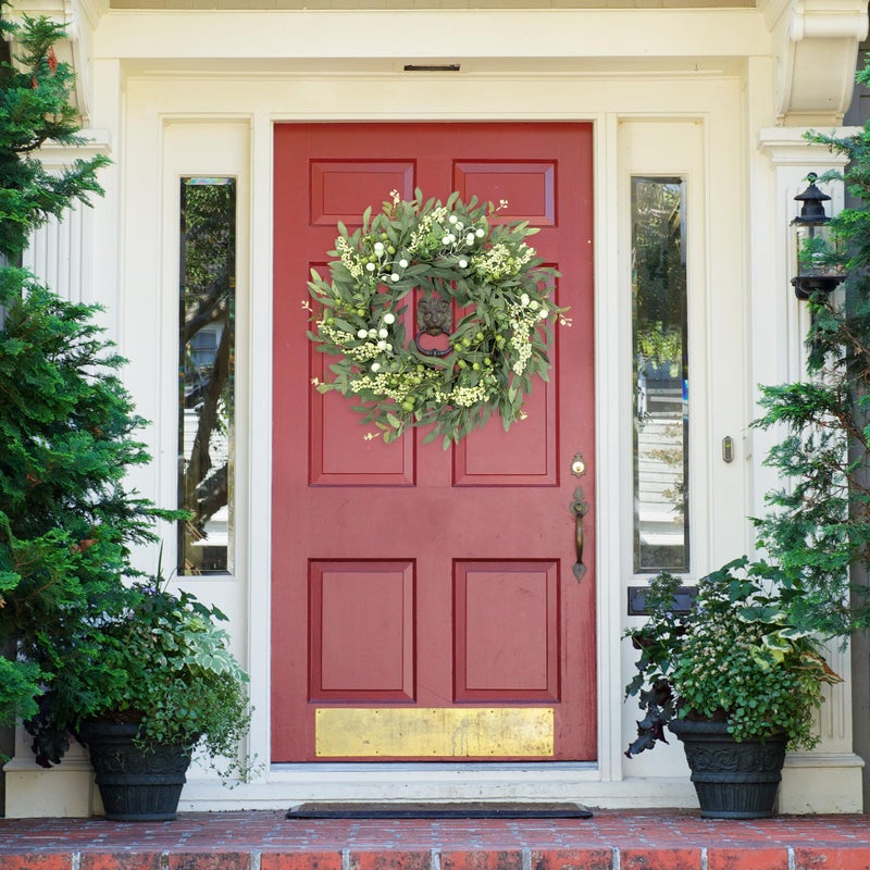 Sggvecsy Artificial Eucalyptus Wreath for Front Door 21 Inch with Greenery Leaves Green White Berries Silk Dollar Leaves for Spring Summer Farmhouse Window Porch Wall Home Indoor Outdoor Decor - Image 2