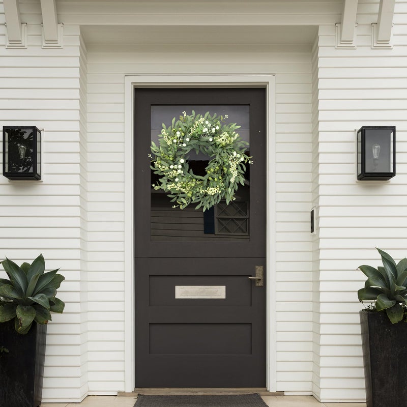 Sggvecsy Artificial Eucalyptus Wreath for Front Door 21 Inch with Greenery Leaves Green White Berries Silk Dollar Leaves for Spring Summer Farmhouse Window Porch Wall Home Indoor Outdoor Decor - Image 3