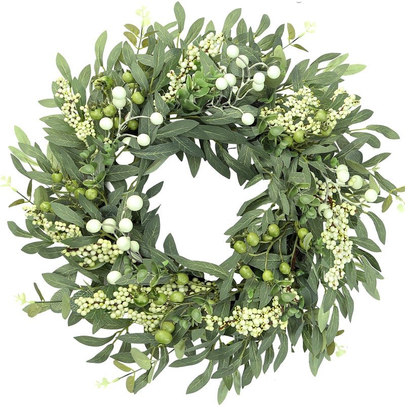 Sggvecsy Artificial Eucalyptus Wreath for Front Door 21 Inch with Greenery Leaves Green White Berries Silk Dollar Leaves for Spring Summer Farmhouse Window Porch Wall Home Indoor Outdoor Decor - Image 1