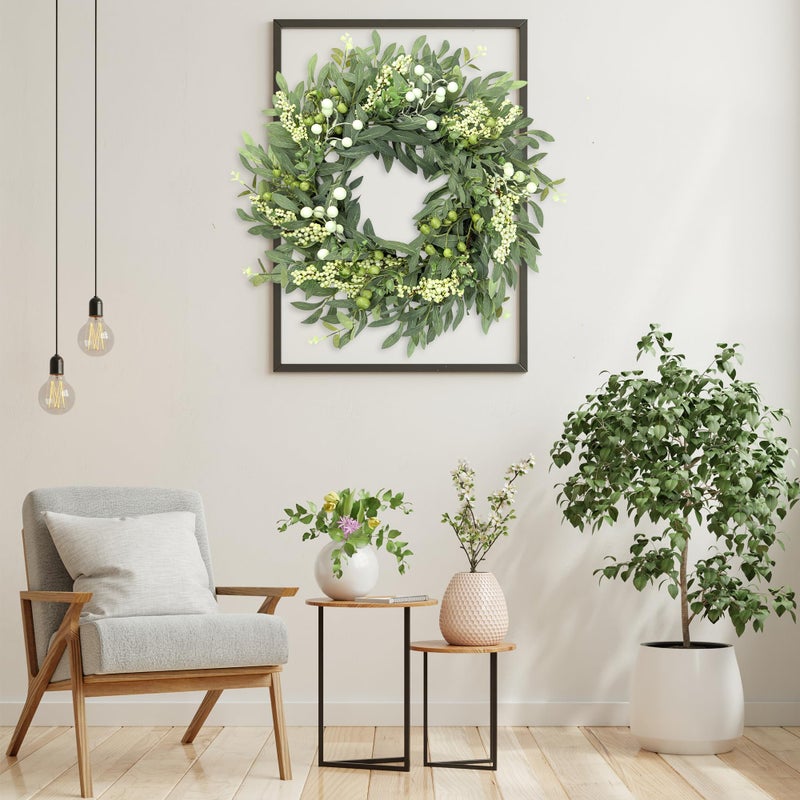 Sggvecsy Artificial Eucalyptus Wreath for Front Door 21 Inch with Greenery Leaves Green White Berries Silk Dollar Leaves for Spring Summer Farmhouse Window Porch Wall Home Indoor Outdoor Decor - Image 4