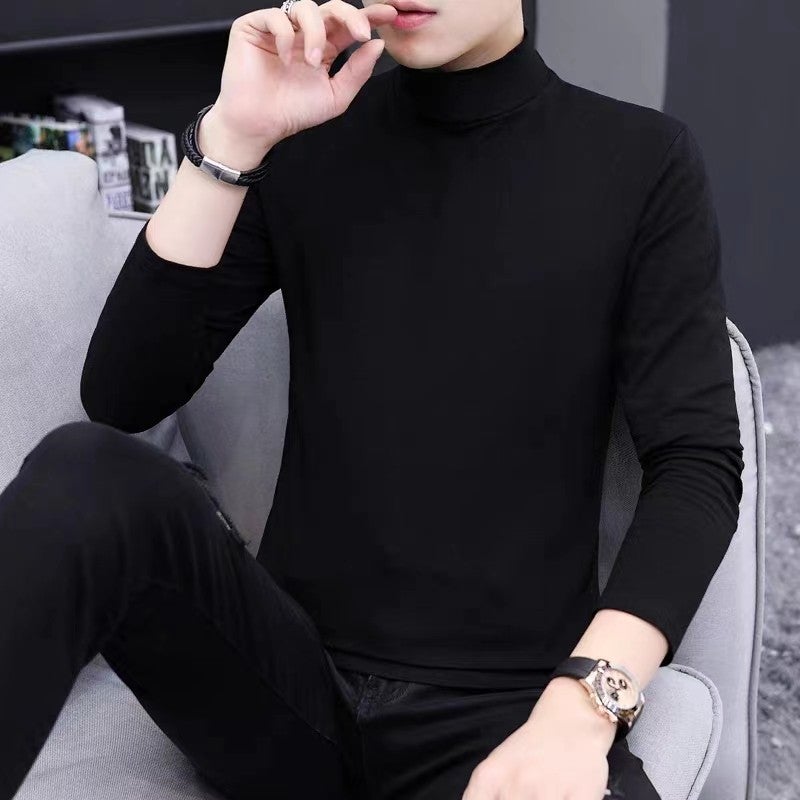 Long-sleeved t-shirt men's double-sided German velvet base shirt half-turtleneck solid color autumn and winter thick warm inner wear mid-collar autumn clothes - Image 1