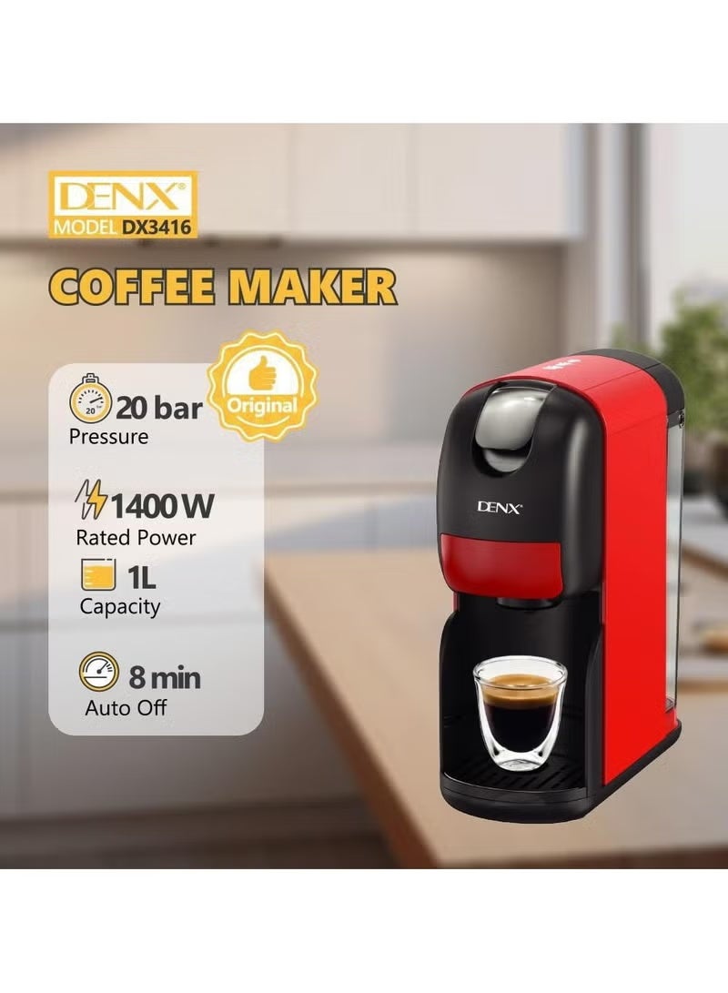 دينكس ماكينة قهوة DX3416 متعددة الكبسولات 3 في 1، ضغط 20 بار، 1400 واط، سعة 1 لتر، إيقاف تشغيل تلقائي، تحضير في دقيقة واحدة، متوافقة مع الكبسولات المتعددة - Image 3