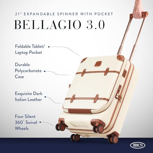 Bric's Brics Bellagio 30 Spinner Trunk Airline Approved Luxury Hardshell Carry On Luggage with Large Wheels Telescopic Handle Leather Detailing Expandable Rolling Suitcase 21 With Pocket Cream - Image 3