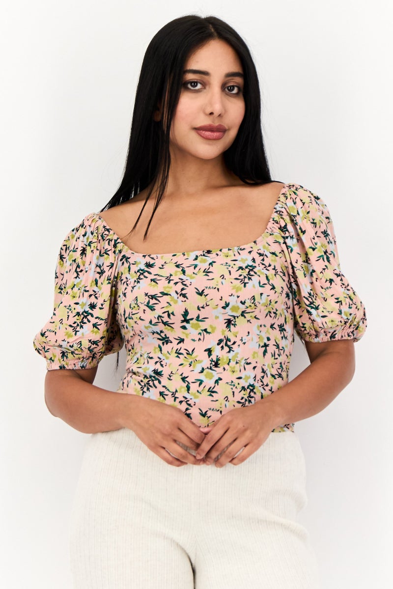 ONLY Women Square Neck Short Sleeve Allover Print Crop Top, Multicolor - Image 1