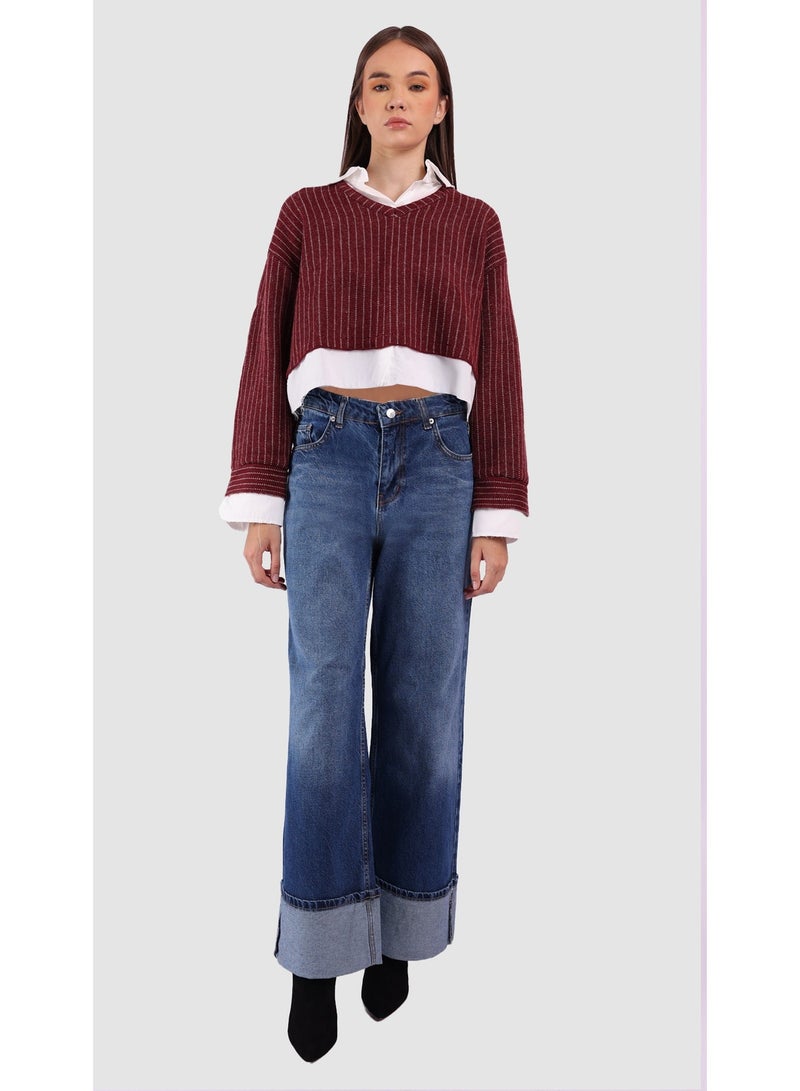 KYVELi Women’s Layered Look Knit Sweater with Attached Shirt – Burgandy - Image 1