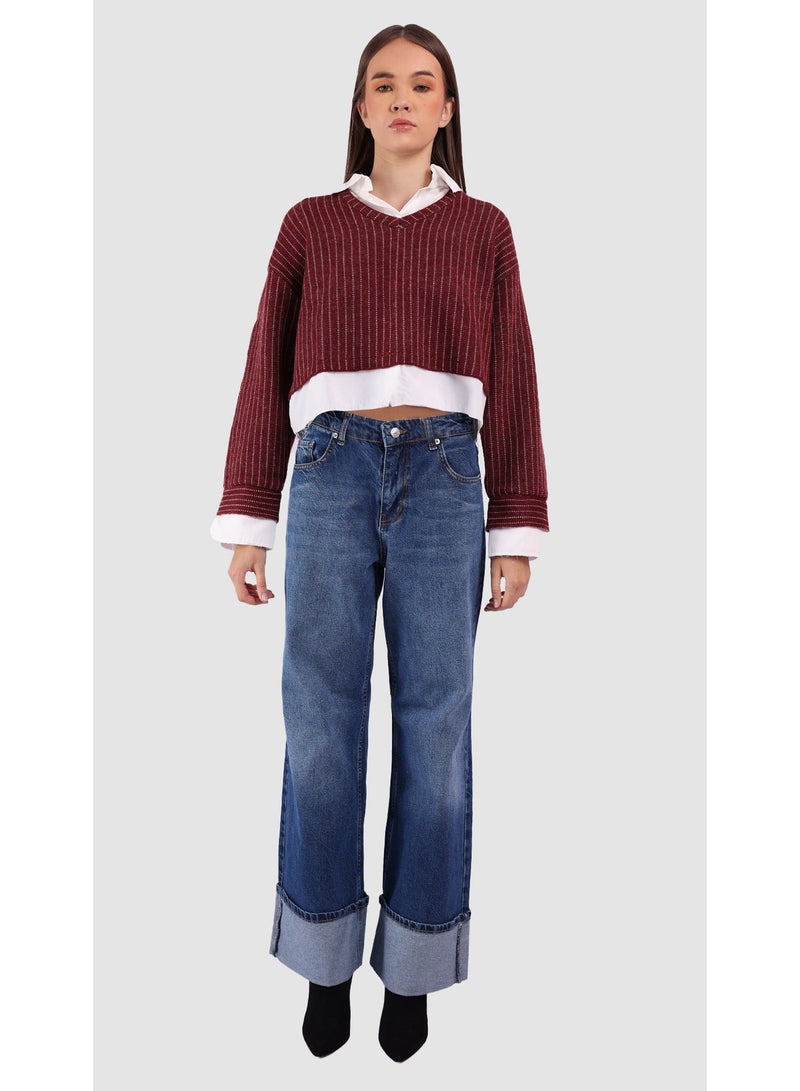 KYVELi Women’s Layered Look Knit Sweater with Attached Shirt – Burgandy - Image 2