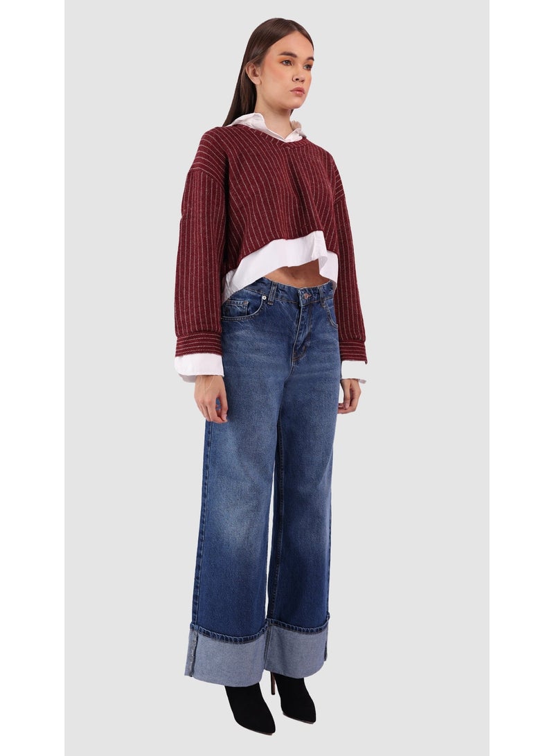 KYVELi Women’s Layered Look Knit Sweater with Attached Shirt – Burgandy - Image 3