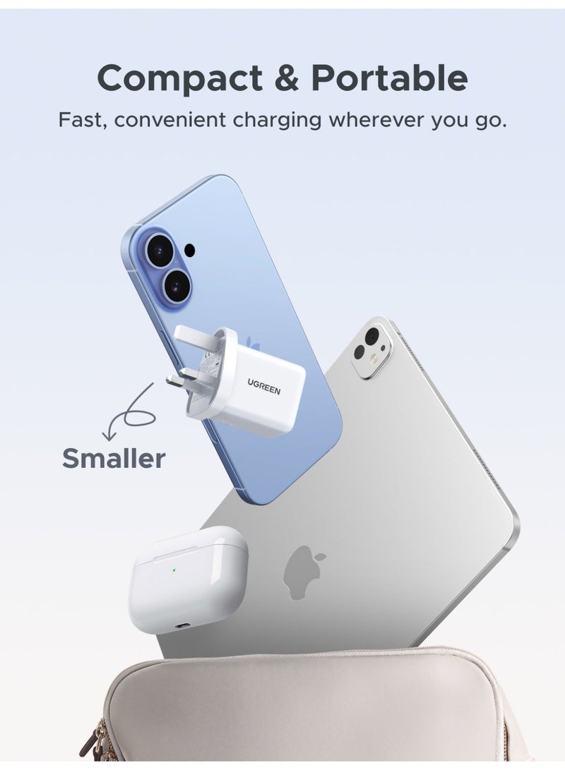 يو جرين شاحن USB-C بقدرة 20 واط بتقنية GaN بمنفذين (USB-C + USB-A) شاحن جداري سريع، محول شحن سريع محمول متوافق مع آيفون 17/17 برو/16/15، سامسونج، آيباد، إيربودز - أبيض 20W 1A1C White - Image 4