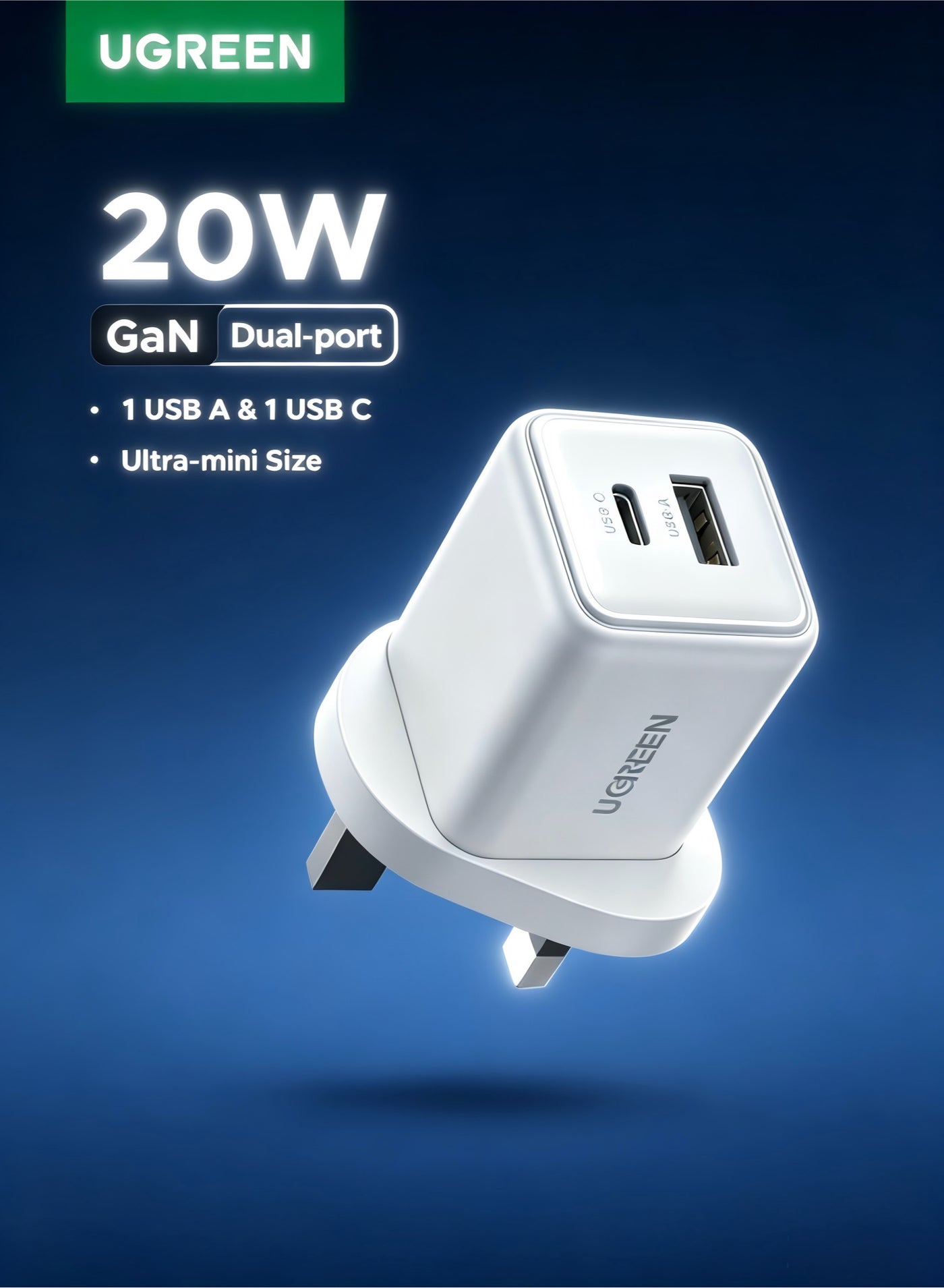 UGREEN 20W iPhone 16 Pro Charger, 2 Ports GaN Fast iPhone Charger Type C (1 USB C+1 USB A), 38% Smaller Than Original 4-Security Protection, USB C Adapter for iPhone 15 Pro Max, Samsung, iPad (White) white