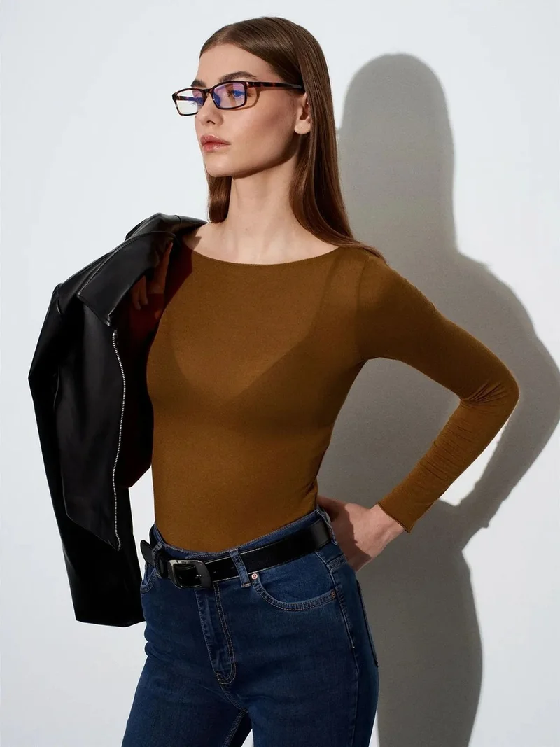 ديلفين DILVIN Slim Fit Boat Neck Long Sleeve Knit Blouse