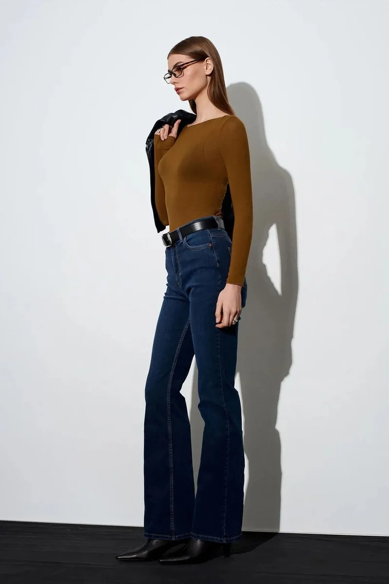 Dilvin Walnut Brown DILVIN Slim Fit Boat Neck Long Sleeve Knit Blouse for Women | Best Price UAE