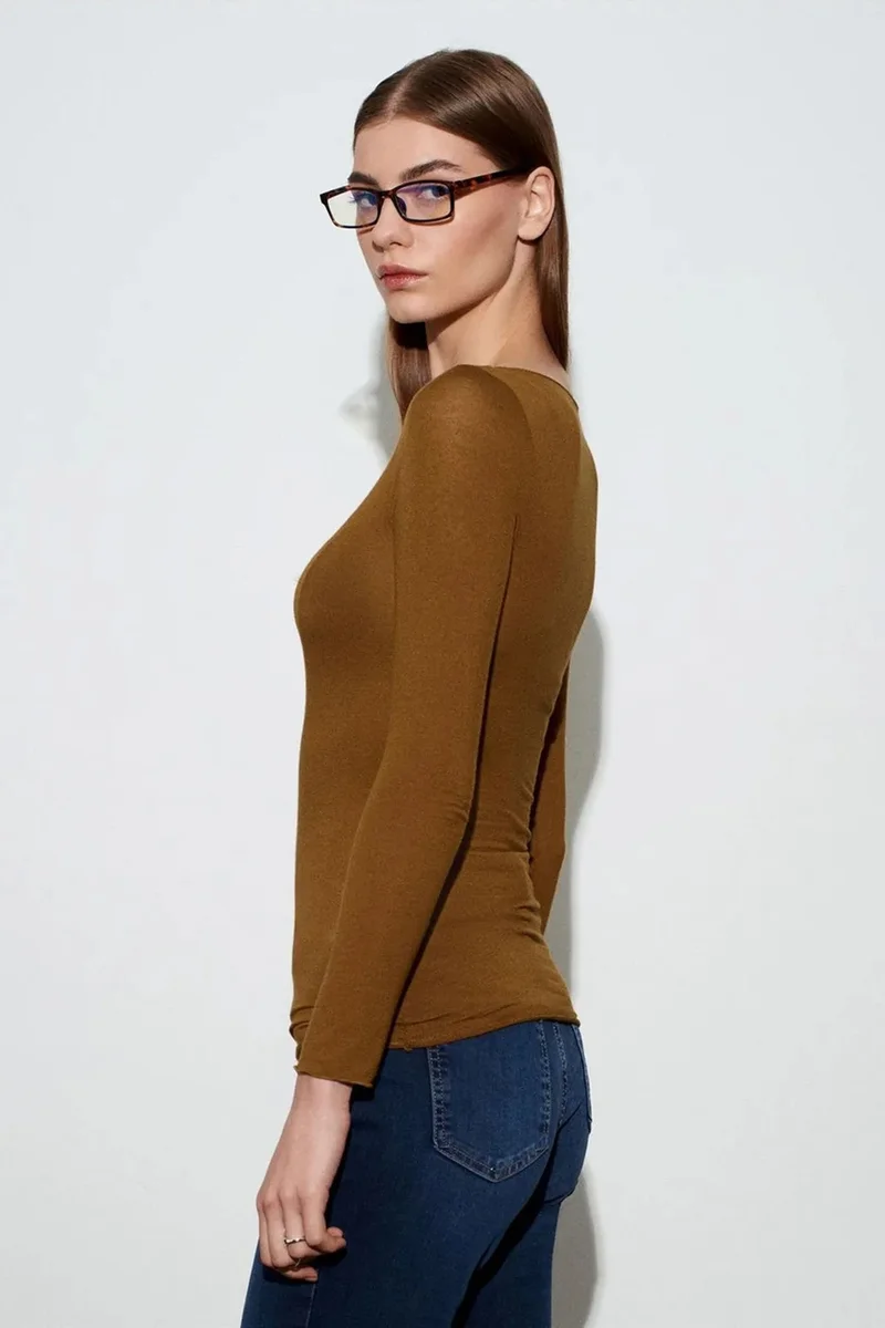 Dilvin Walnut Brown DILVIN Slim Fit Boat Neck Long Sleeve Knit Blouse for Women | Best Price UAE