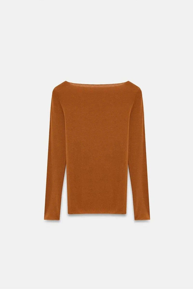 Dilvin Walnut Brown DILVIN Slim Fit Boat Neck Long Sleeve Knit Blouse for Women | Best Price UAE