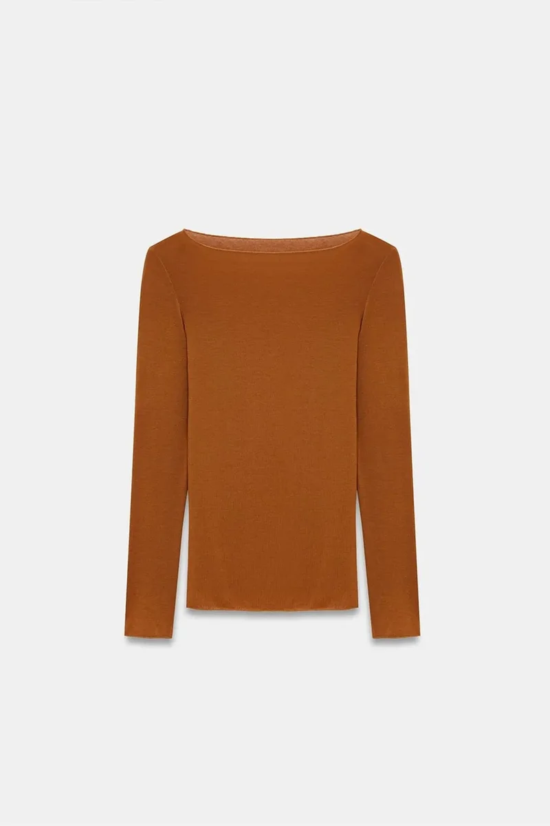 Dilvin Walnut Brown DILVIN Slim Fit Boat Neck Long Sleeve Knit Blouse for Women | Best Price UAE