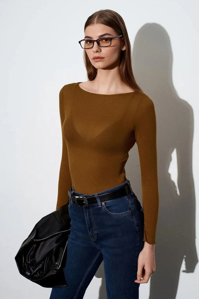 Dilvin Walnut Brown DILVIN Slim Fit Boat Neck Long Sleeve Knit Blouse for Women | Best Price UAE