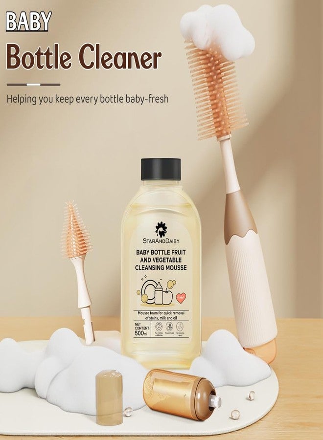 StarAndDaisy Baby Bottle Cleaning Brush Set with Silicone Bristle, 360° Cleaning Bottle Brush with 500 ML Bottle Cleaner & Long Handle, Easy to Clean Narrow & Wide Neck Bottles - Brown Beige - Image 2