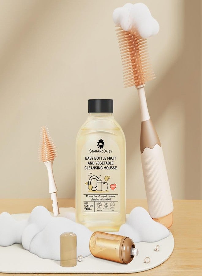 StarAndDaisy Baby Bottle Cleaning Brush Set with Silicone Bristle, 360° Cleaning Bottle Brush with 500 ML Bottle Cleaner & Long Handle, Easy to Clean Narrow & Wide Neck Bottles - Brown Beige - Image 1