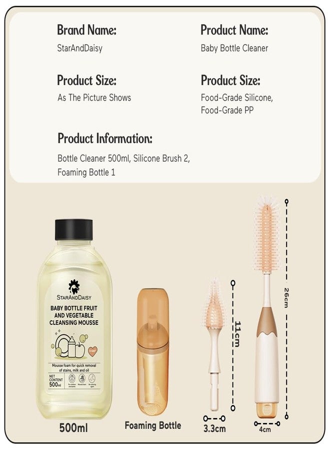 StarAndDaisy Baby Bottle Cleaning Brush Set with Silicone Bristle, 360° Cleaning Bottle Brush with 500 ML Bottle Cleaner & Long Handle, Easy to Clean Narrow & Wide Neck Bottles - Brown Beige - Image 5