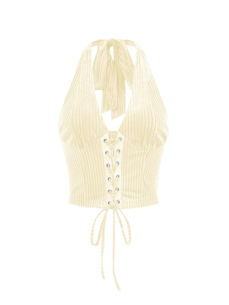 Verdusa Women's 2026 Going Out Halter Corset Tops Sleeveless Lace Up Open Back Crop Top Beige Medium - Image 1