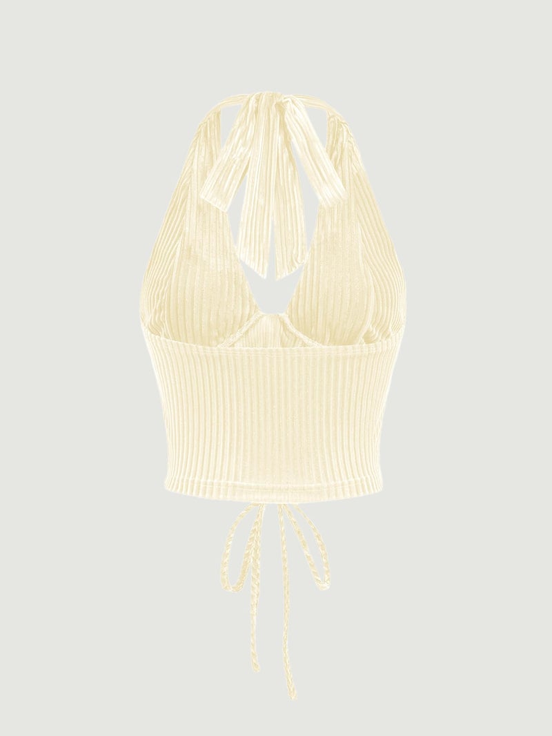 Verdusa Women's 2026 Going Out Halter Corset Tops Sleeveless Lace Up Open Back Crop Top Beige Medium - Image 4