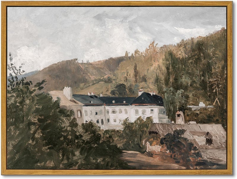 KBKBART Framed Wall Art Vintage Decor Vintage European Villa Landscape Oil Painting French County Wall Decor Rustic Canvas Artwork Wall Decor Antique Scenery Wall Art Prints for Bedroom Living Room Cozy Home Decor Gallery Gifts for Friends or Family 12x16