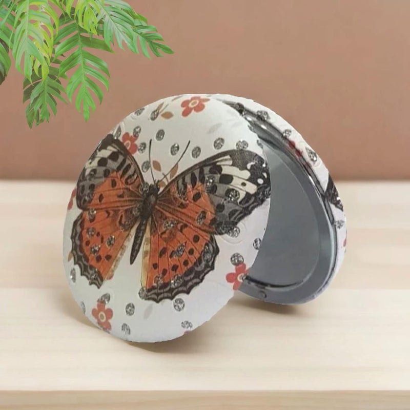 Portable Compact Metal and Glass Mirror with Butterfly Print and Stones 2x1 Magnification for Makeup and Bags for Women  - Image 1