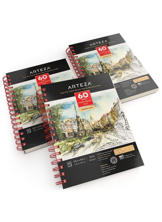 آرتيزا دفتر رسم ARTEZA متعدد الوسائط، 5.5 × 8.5 بوصة، عبوة من 3 قطع، 60 ورقة لكل قطعة، مغلف بورق حلزوني مثقوب بدقة للوسائط الرطبة والجافة - Image 2