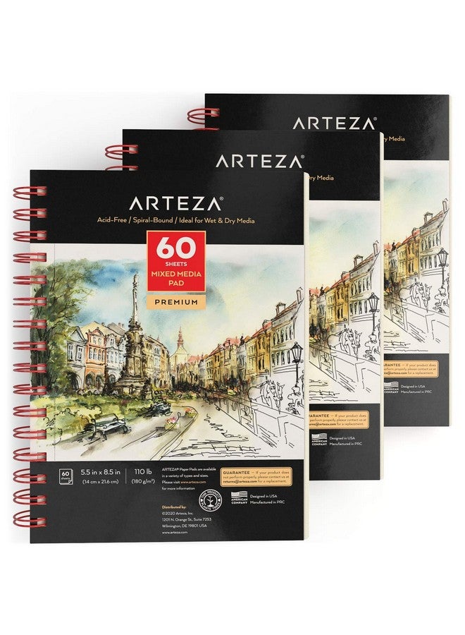 آرتيزا دفتر رسم ARTEZA متعدد الوسائط، 5.5 × 8.5 بوصة، عبوة من 3 قطع، 60 ورقة لكل قطعة، مغلف بورق حلزوني مثقوب بدقة للوسائط الرطبة والجافة - Image 1