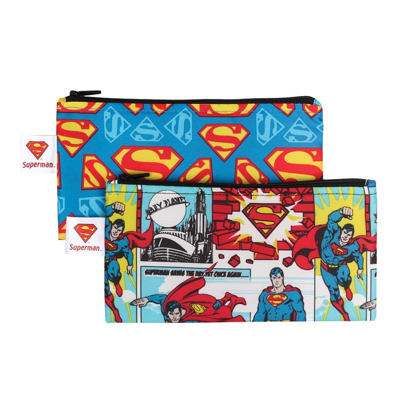 Bumkins Reusable Snack Bags for Kids School Lunch and for Adults Portion Washable Fabric Waterproof Cloth Zip Bag Supplies Travel Pouch FoodSafe 2pk Superman DC Comics