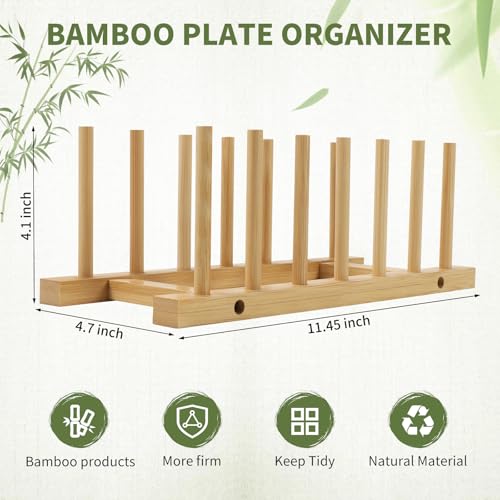 DEBETOOL 2 Pack Wooden Dish Rack Holder Bamboo Plate Organizer for Cabinet Dishes Pots Lid Cutting Boards Kitchen Cabinet Space Saving Storage Solution - Image 3