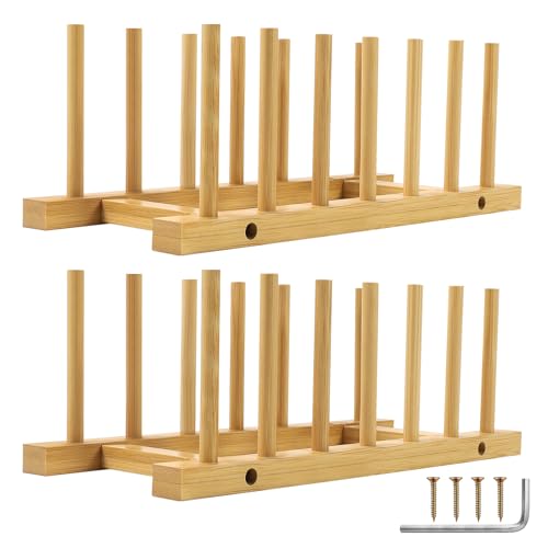 DEBETOOL 2 Pack Wooden Dish Rack Holder Bamboo Plate Organizer for Cabinet Dishes Pots Lid Cutting Boards Kitchen Cabinet Space Saving Storage Solution - Image 1