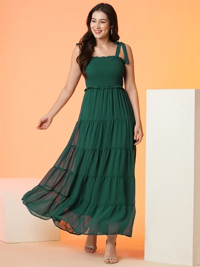 globus Women Green Shoulder Straps Smocked Tiered Georgette Maxi Dress