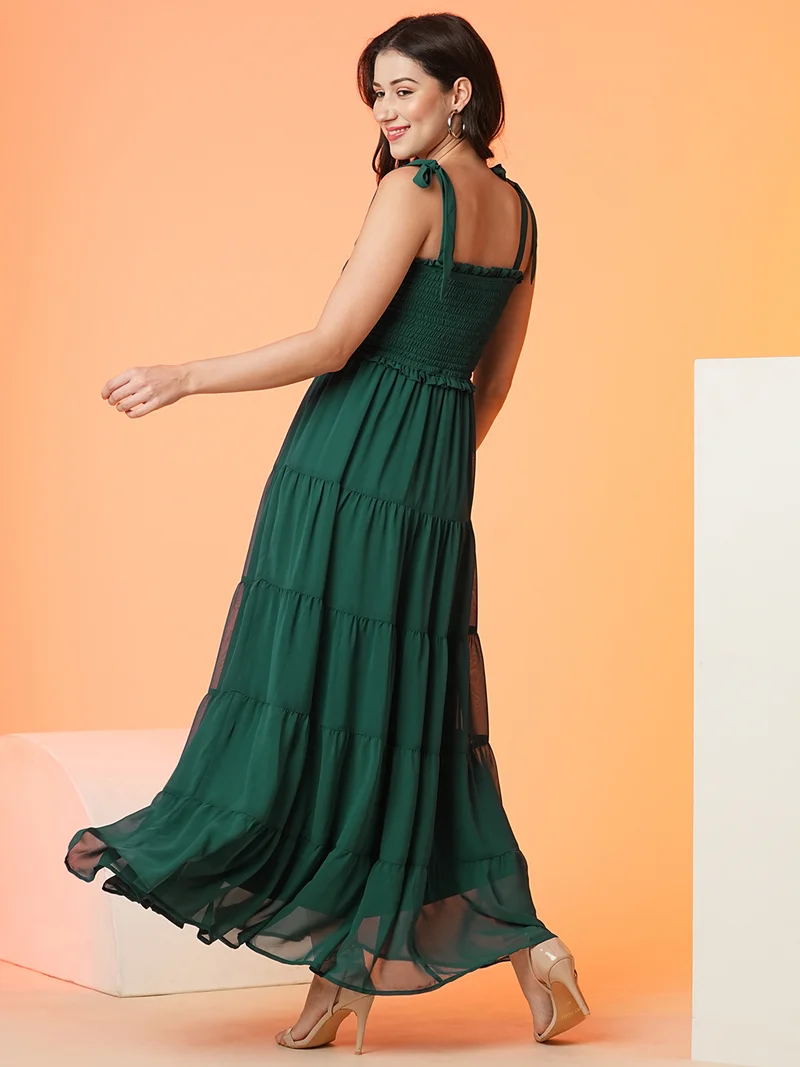 globus Women Green Shoulder Straps Smocked Tiered Georgette Maxi Dress