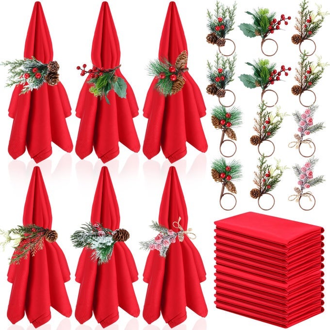 24 PCS CHRISTMAS NAPKINS AND RING SET 12 RED CLOTH NAPKINS AND 12 HOLDER FOR FALL WINTER HOLIDAY HANDMADE TREES AND PINESCLASSIC
