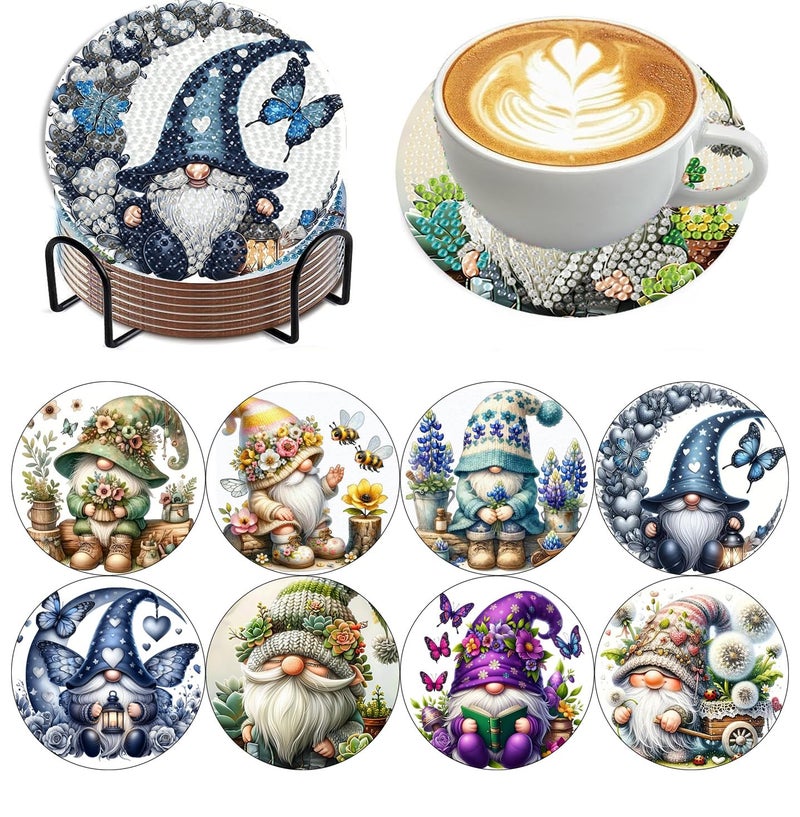 mrpwnle 8 Pack Diamond Art Coasters Kits - Gnomes Diamond Painting Coasters Kit Set with Holder Cork Pads, DIY Non Slip Coaster Craft Kits for Adults Beginners Ideal Gifts - Image 1