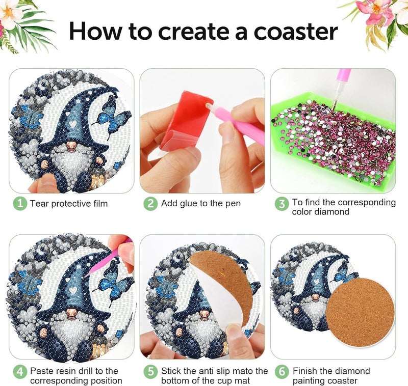 mrpwnle 8 Pack Diamond Art Coasters Kits - Gnomes Diamond Painting Coasters Kit Set with Holder Cork Pads, DIY Non Slip Coaster Craft Kits for Adults Beginners Ideal Gifts - Image 5