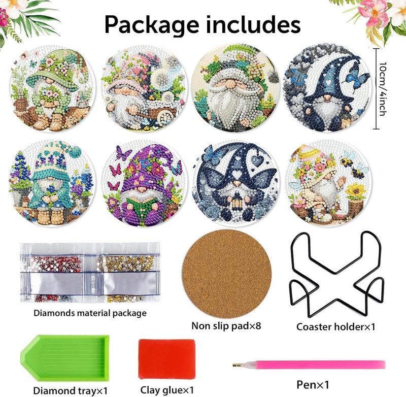 mrpwnle 8 Pack Diamond Art Coasters Kits - Gnomes Diamond Painting Coasters Kit Set with Holder Cork Pads, DIY Non Slip Coaster Craft Kits for Adults Beginners Ideal Gifts - Image 4