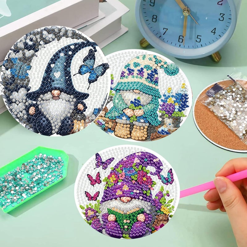 mrpwnle 8 Pack Diamond Art Coasters Kits - Gnomes Diamond Painting Coasters Kit Set with Holder Cork Pads, DIY Non Slip Coaster Craft Kits for Adults Beginners Ideal Gifts - Image 3