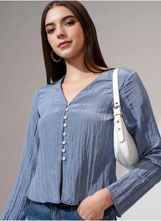 Tokyo Talkies Textured V-Neck Buttoned Top