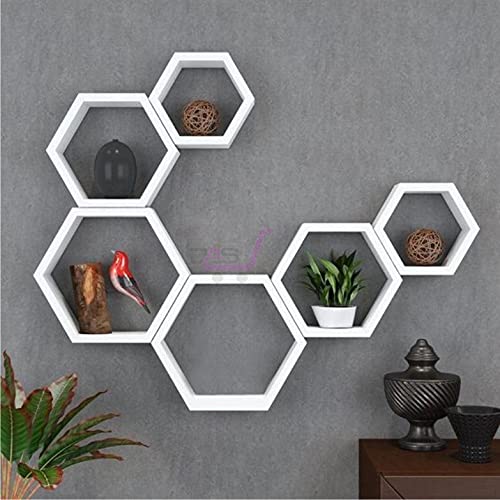 Dream Arts Shoppee Hexagon Shape Set of 6 Floating Wall Shelves and Racks for Living Room (White, Deco Colour Finish,Engineered Wood) - Image 5