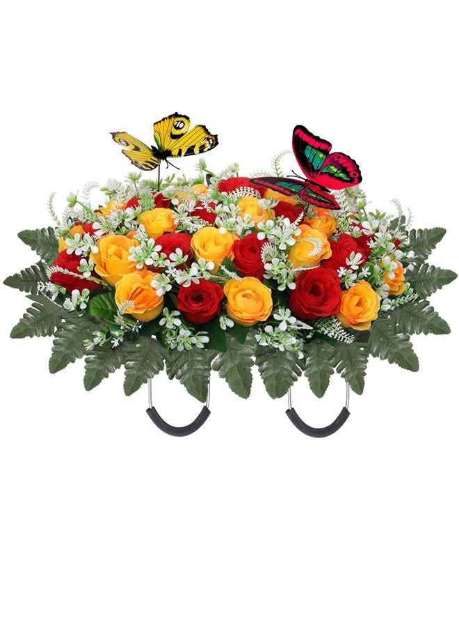 Lodou Artificial Cemetery Flowers for Grave,Large Headstone Flower Saddle Realistic Grave Flowers Memorial Silk Rose Flowers with Butterflies for Headstone Grave Decoration Non-Fading Easy Fit (Red Yellow) - Image 1
