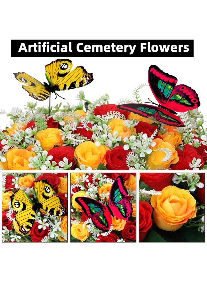 Lodou Artificial Cemetery Flowers for Grave,Large Headstone Flower Saddle Realistic Grave Flowers Memorial Silk Rose Flowers with Butterflies for Headstone Grave Decoration Non-Fading Easy Fit (Red Yellow) - Image 4