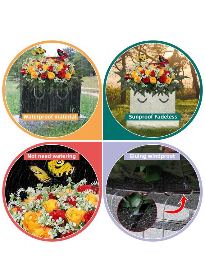 Lodou Artificial Cemetery Flowers for Grave,Large Headstone Flower Saddle Realistic Grave Flowers Memorial Silk Rose Flowers with Butterflies for Headstone Grave Decoration Non-Fading Easy Fit (Red Yellow) - Image 5