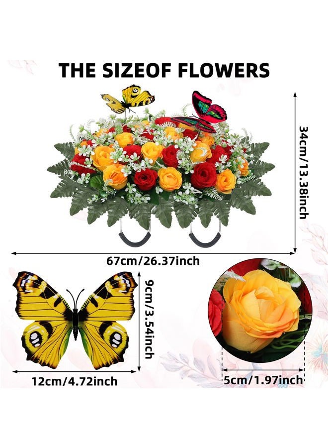 Lodou Artificial Cemetery Flowers for Grave,Large Headstone Flower Saddle Realistic Grave Flowers Memorial Silk Rose Flowers with Butterflies for Headstone Grave Decoration Non-Fading Easy Fit (Red Yellow) - Image 2