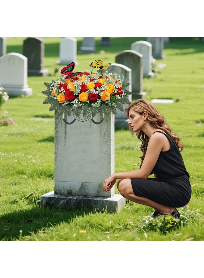 Lodou Artificial Cemetery Flowers for Grave,Large Headstone Flower Saddle Realistic Grave Flowers Memorial Silk Rose Flowers with Butterflies for Headstone Grave Decoration Non-Fading Easy Fit (Red Yellow) - Image 3