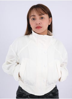 Women’s High Neck Double Pockets Button Down Jackets in New Cream