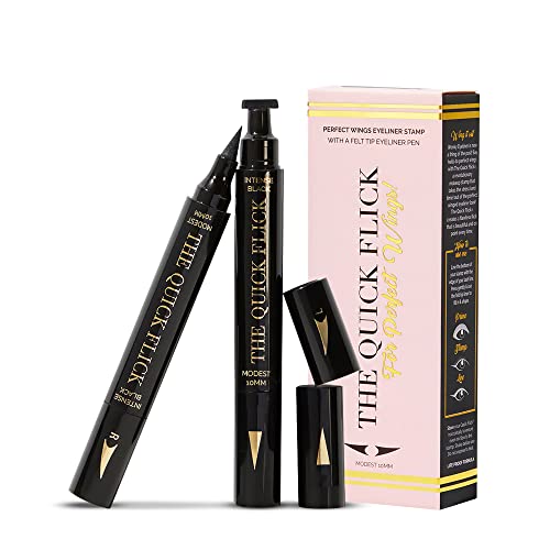 The Quick Flick Winged Eyeliner Stamp – Waterproof & Smudge Proof Vegan Cat Eye Stamp Eyeliner – 4mm Thick Winged Stamp & 10mm Modest Felt-Tip Liquid Hypoallergenic Eyeliner Pen (Intense Black-2 Pen) - Image 1