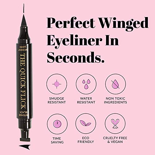 The Quick Flick Winged Eyeliner Stamp – Waterproof & Smudge Proof Vegan Cat Eye Stamp Eyeliner – 4mm Thick Winged Stamp & 10mm Modest Felt-Tip Liquid Hypoallergenic Eyeliner Pen (Intense Black-2 Pen) - Image 4